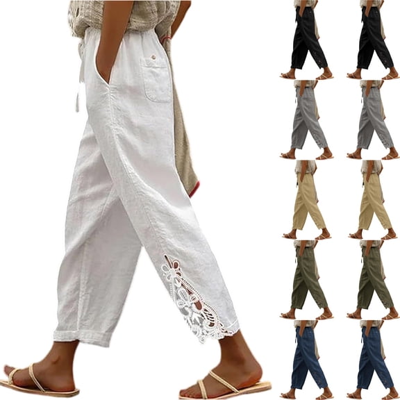 Dwellite Pants for Women Summer 2026 Trendy Beach Slacks Casual Vintage Lace Design Drawstring Elastic Pant with Pockets Gray M