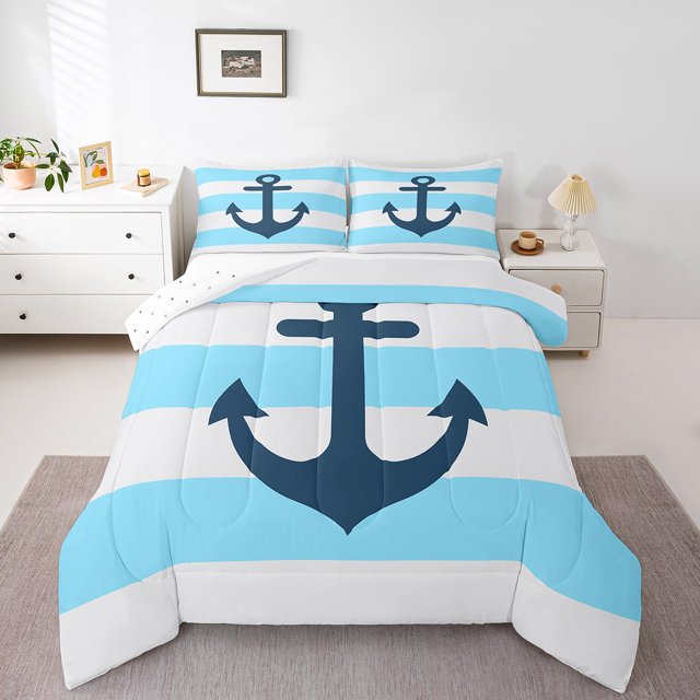 Erosebridal Anchor Bedding Twin Comforter Set,Nautical Theme Down Comforter,Stripes Decor,Reversible,2-Piece