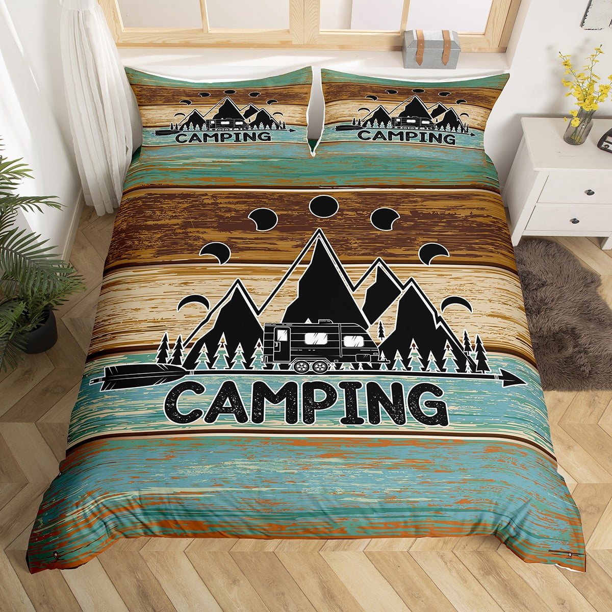 Camping Themed Bedding Rustic Farmstyle Duvet Cover for Family Boys