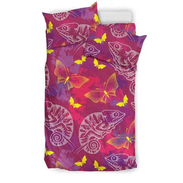Juego de cama camaleón rosa lagarto estampado mariposa