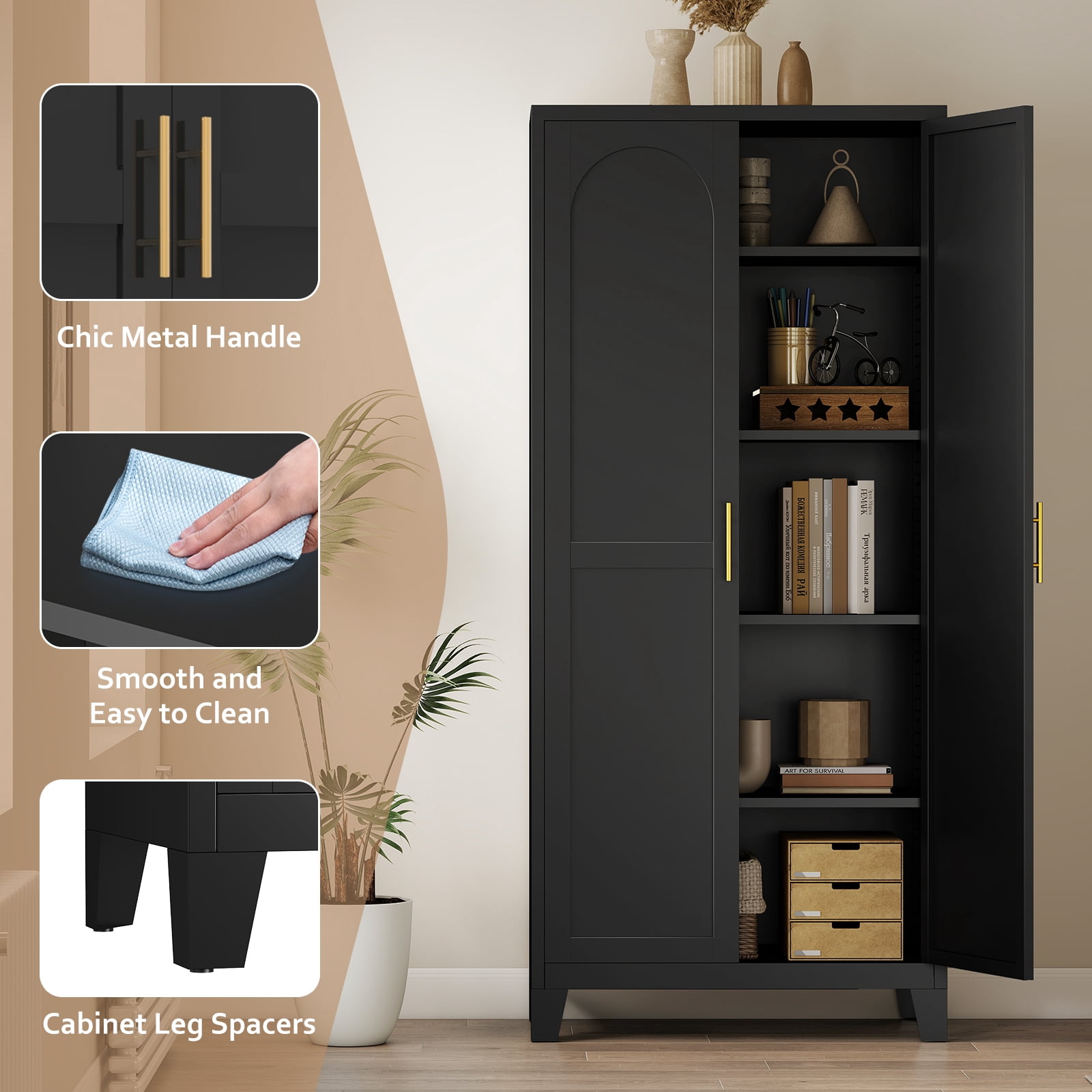 LIZEVINC 71.2in Pantry Cabinet, Metal Shapely Doors Cabinet with Doors and Adjustable Shelves, Food Pantry Cabinet for Kitchen,Dinning Room- Assembly Required(Black)