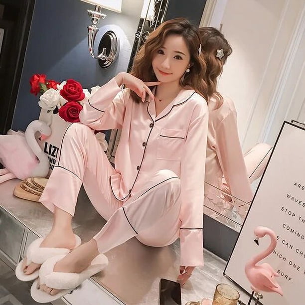 Pijamas de fiesta para mujer, ropa de dormir de seda de manga larga, suelta, con estampado navideño, pantalones largos elásticos, novedad de Primavera de 2021
