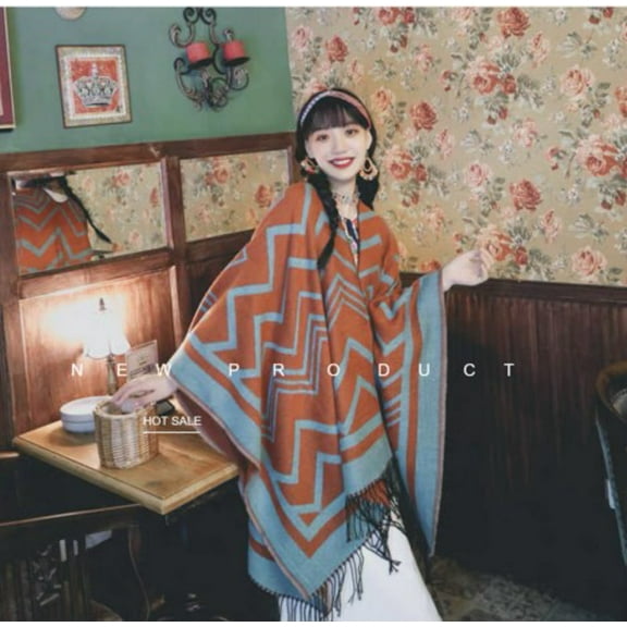 Oversized Ethnic Poncho Wrap for Women, Slit Open Boho Shawl Cape,one size fits all,1