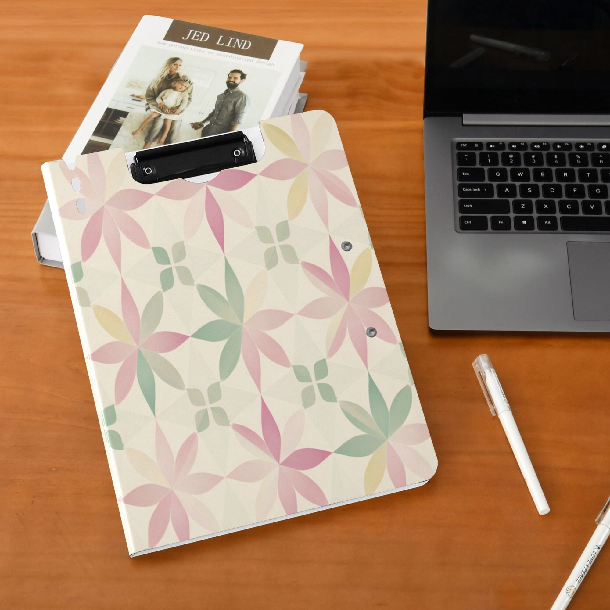 FORMRS A4 Clipboard Folder with Pen Holder Horizontal Foldable School Office Binder, Light Pink Geometric