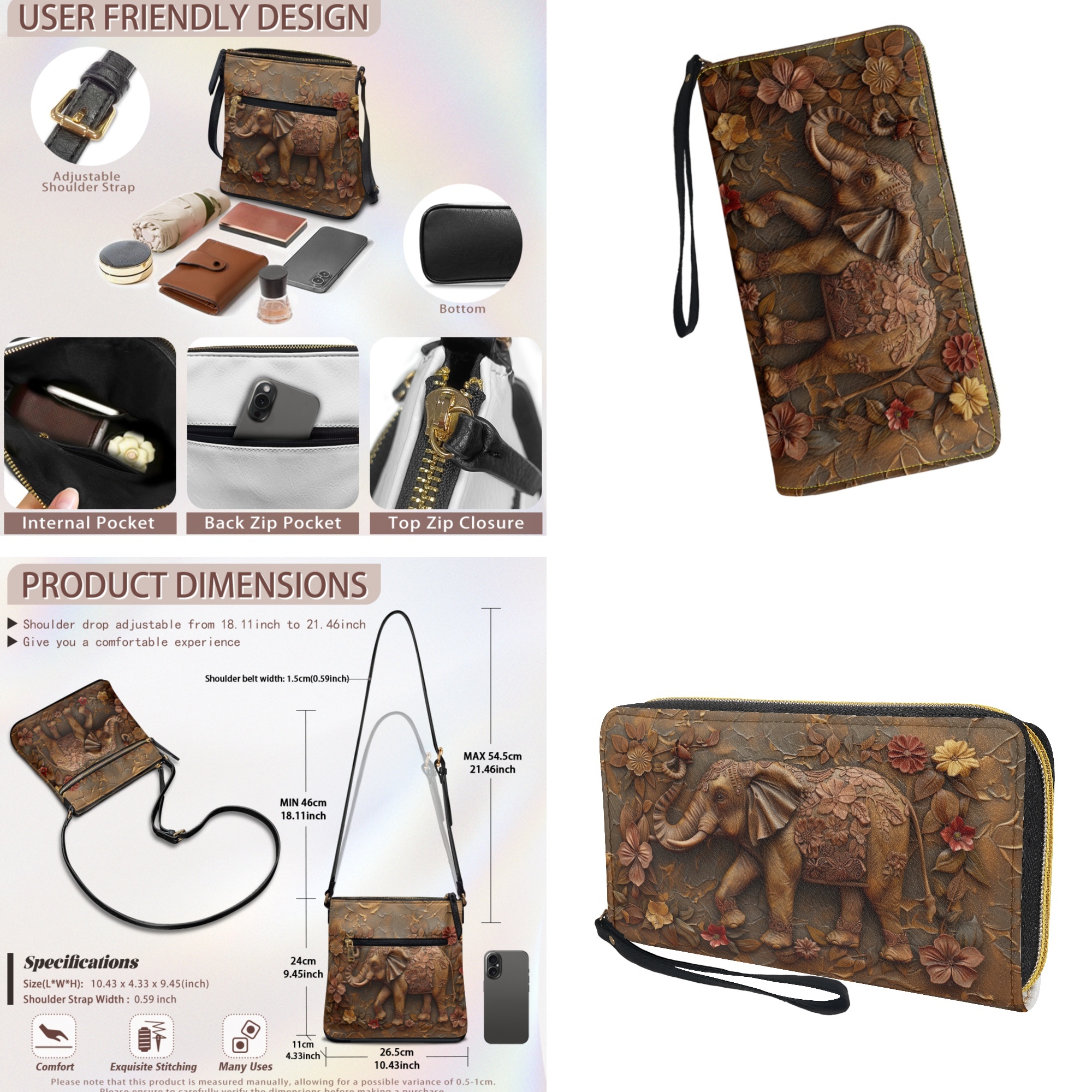 ZUXONGSY Elephant Flower Print PU Leather Crossbody Hobo Bag and Wallet Set for Women, Adjustable Strap, Perfect for Travel, Work & Shopping