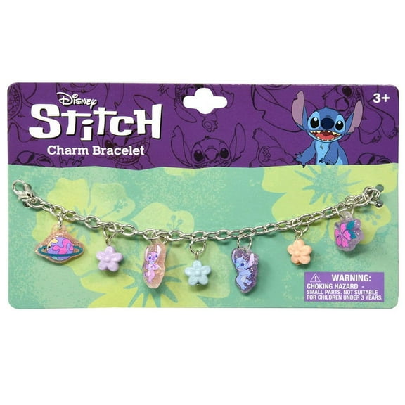 Stitch 7" Charm Bracelet on Card with 4 Glitter charms and 3 beads on Card