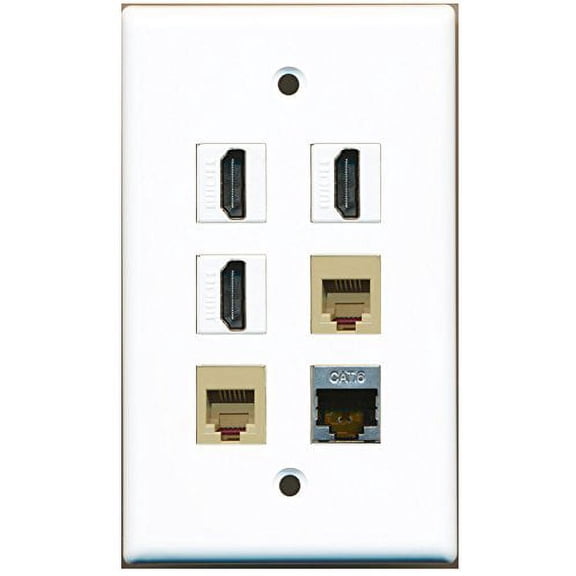 RiteAV - 3 HDMI 2 Port Phone RJ11 RJ12 Beige 1 Port Shielded Cat6 Ethernet Wall Plate