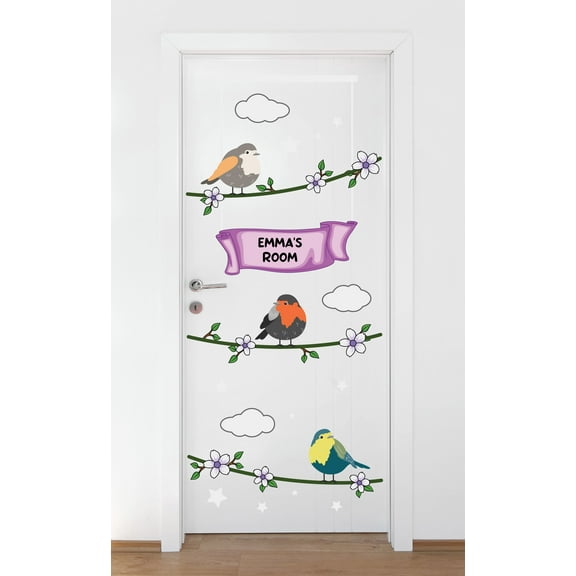 Personalized Name Animal Wall Decal Adorable Birds Sitting on a Floral Tree Branch Bedroom Wall Decal for Girls Birds Cute Themed Room Décor - Size: 36 In x 80 In