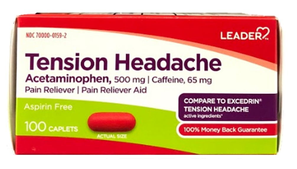 Leader Tension Headache Pain Reliever Acetaminophen Aspirin Free 100 ct