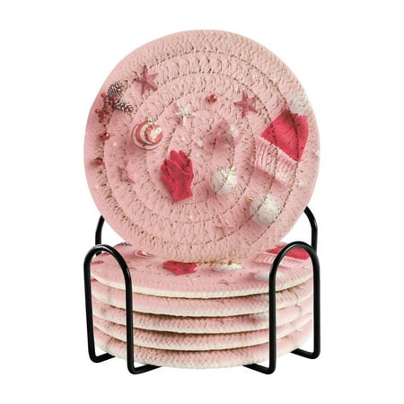 

6 Pcs Drink Coasters with Holder Absorbent Coasters Minimalist Home Decor Coaster Set Stylish Handmade Round Woven Coaster for Drinks Table Desk Protection Pink Christmas Background