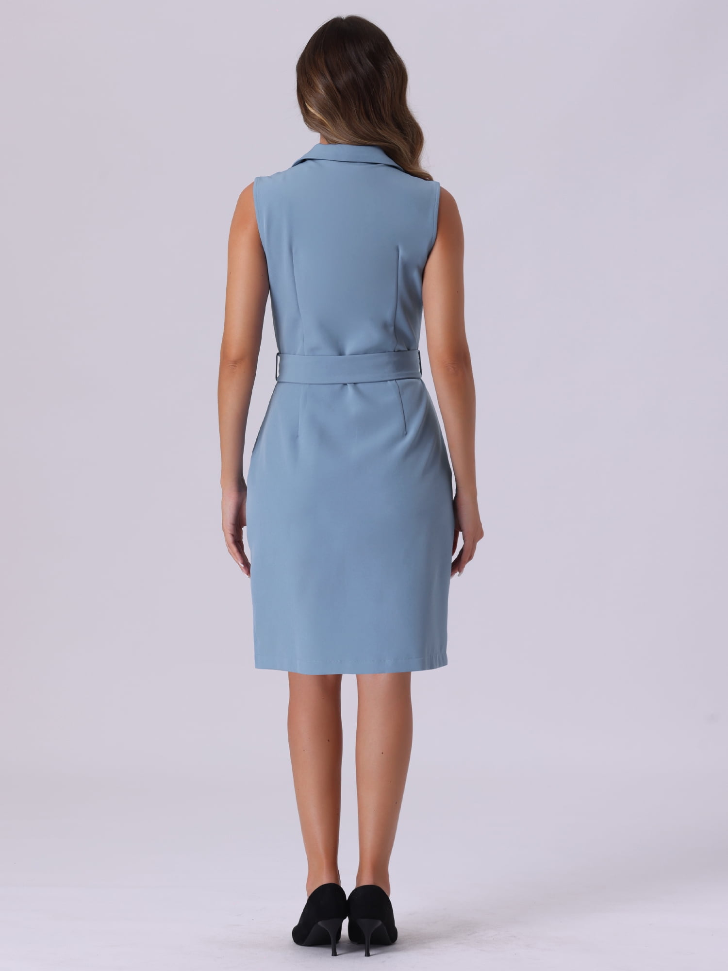 DARING DIVA Sleeveless Notched Lapel Double Breasted Blazer Dresses S Grey Blue
