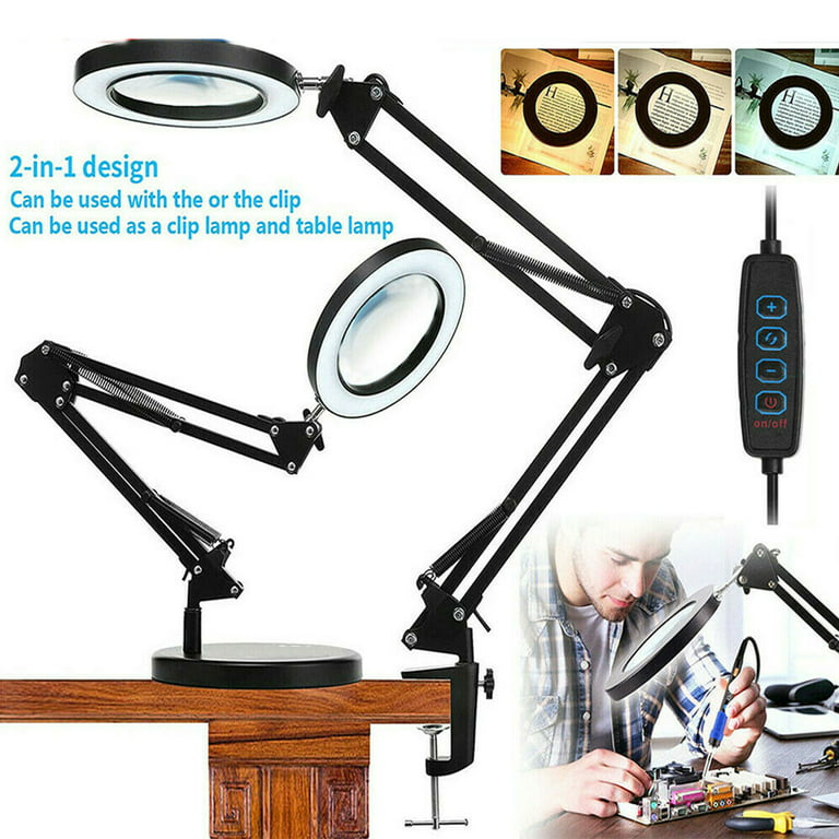  10X Magnifying Glass with Light and Stand,KUVRS 2200 IM 3-Color  LED Magnifying Lamp, Magnetic Helping Hands, Adjustable Arm Large Base &  Clamp Magnifier with Light for Soldering Craft Hobby Close Work 