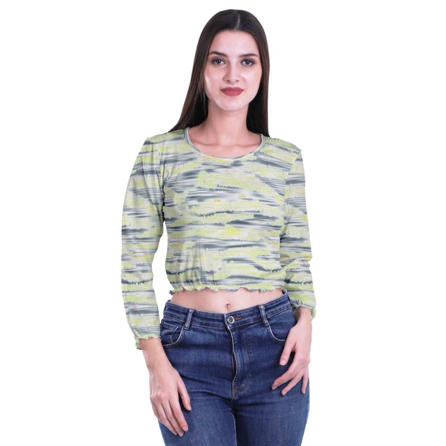 Moomaya Hauts Courts à Manches Longues pour Femmes T-Shirt Court Imprimé à Col Rond