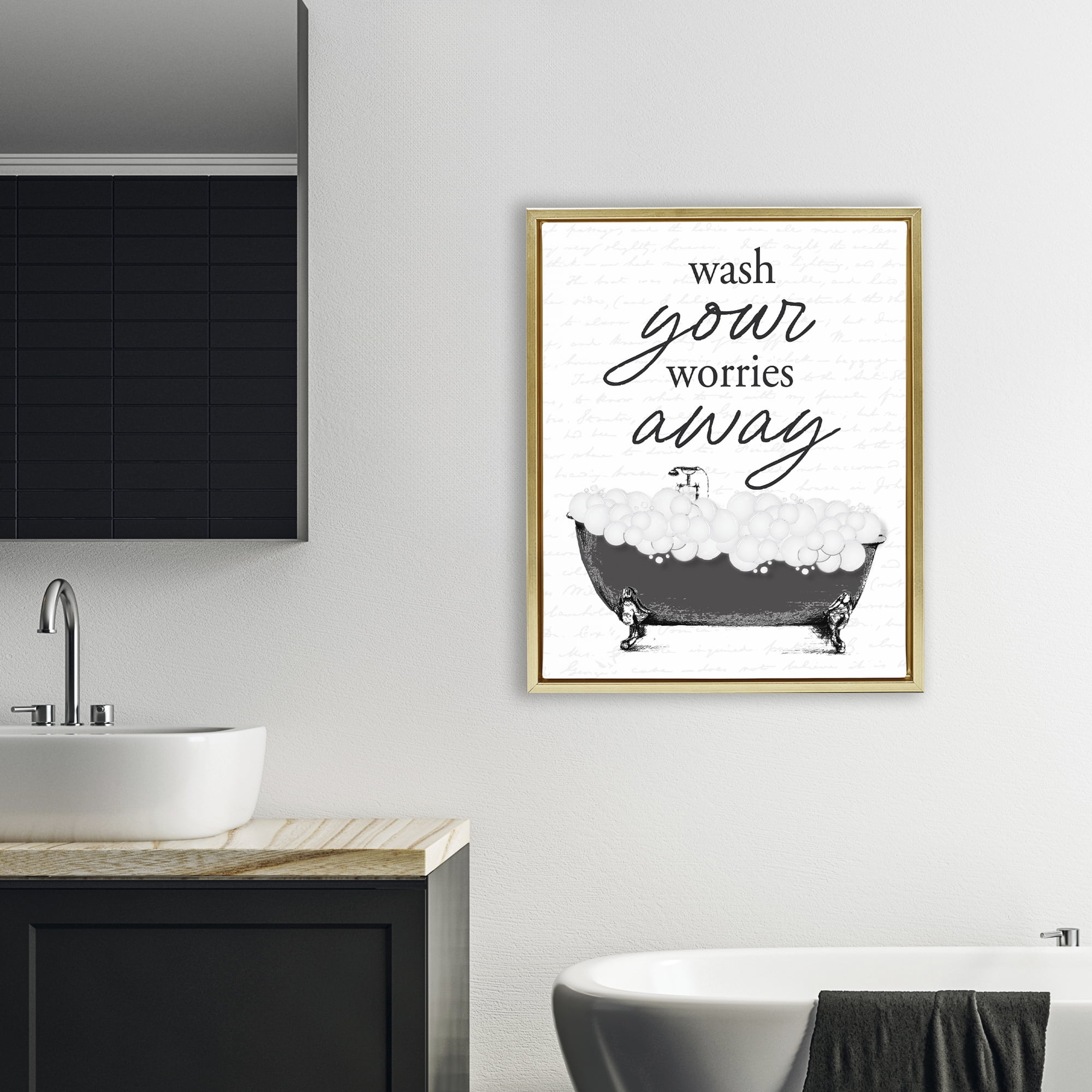 Bubble Bath Wash Worries Gold Framed Floater Canvas Wall Art, design by Lettered and Lined