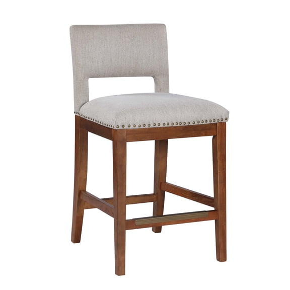 LonKwa Light Gray Upholstered Counter Height Bar Stool with Brown Wooden Legs, Padded Kitchen Island Seating with Metal Stud Trim, 1 Piece