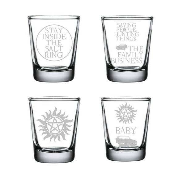 SPN Supernatural Shot Glass Set of Four: Engraved Supernatural Gifts Anti-Possession, Saving People Hunting Things, Stay Inside The Salt Ring, Dean's Baby, Supernatural Fan, Clear Glass