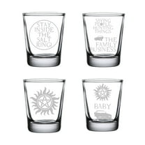 SPN Supernatural Shot Glass Set of Four: Engraved Supernatural Gifts Anti-Possession, Saving People Hunting Things, Stay Inside The Salt Ring, Dean's Baby, Supernatural Fan, Clear Glass