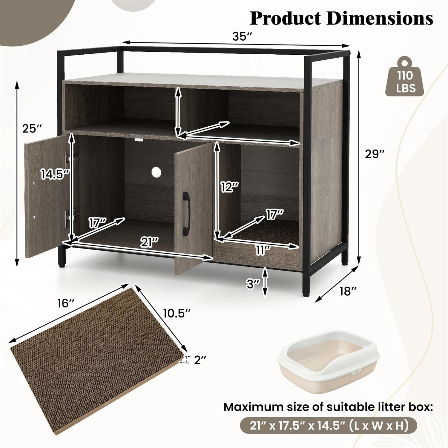 Pefilos Hidden Cat Washroom, Double Doors & Scratch Cardboard, Vent Holes & Anti-Toppling, Oak (Brown)