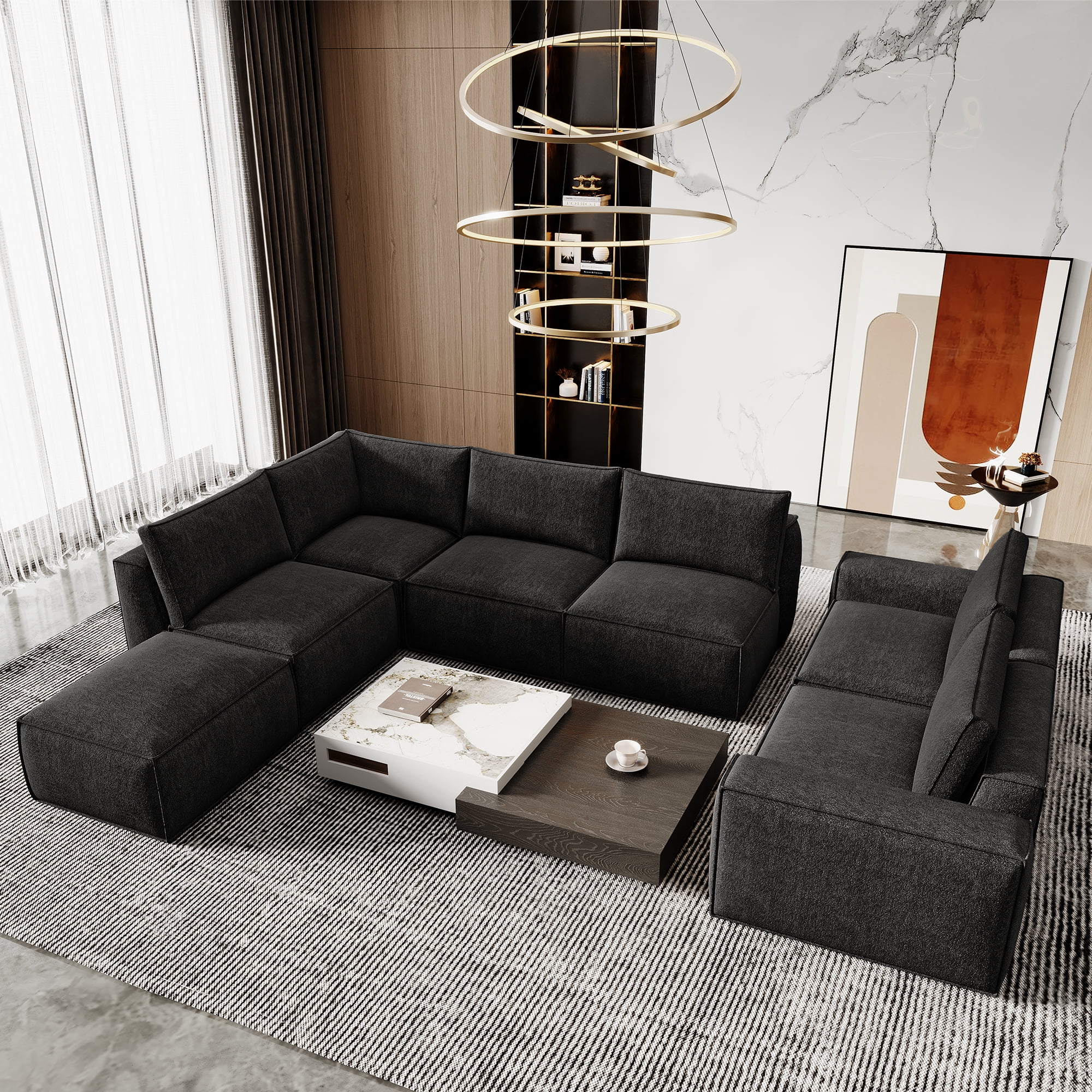 175" Oversized Boneless Couch for Living Room, Neche Modern Modular Sectional, Convertible, U Shaped, Deep Seat, Big Comfy Sofa Set with Ottoman,Black