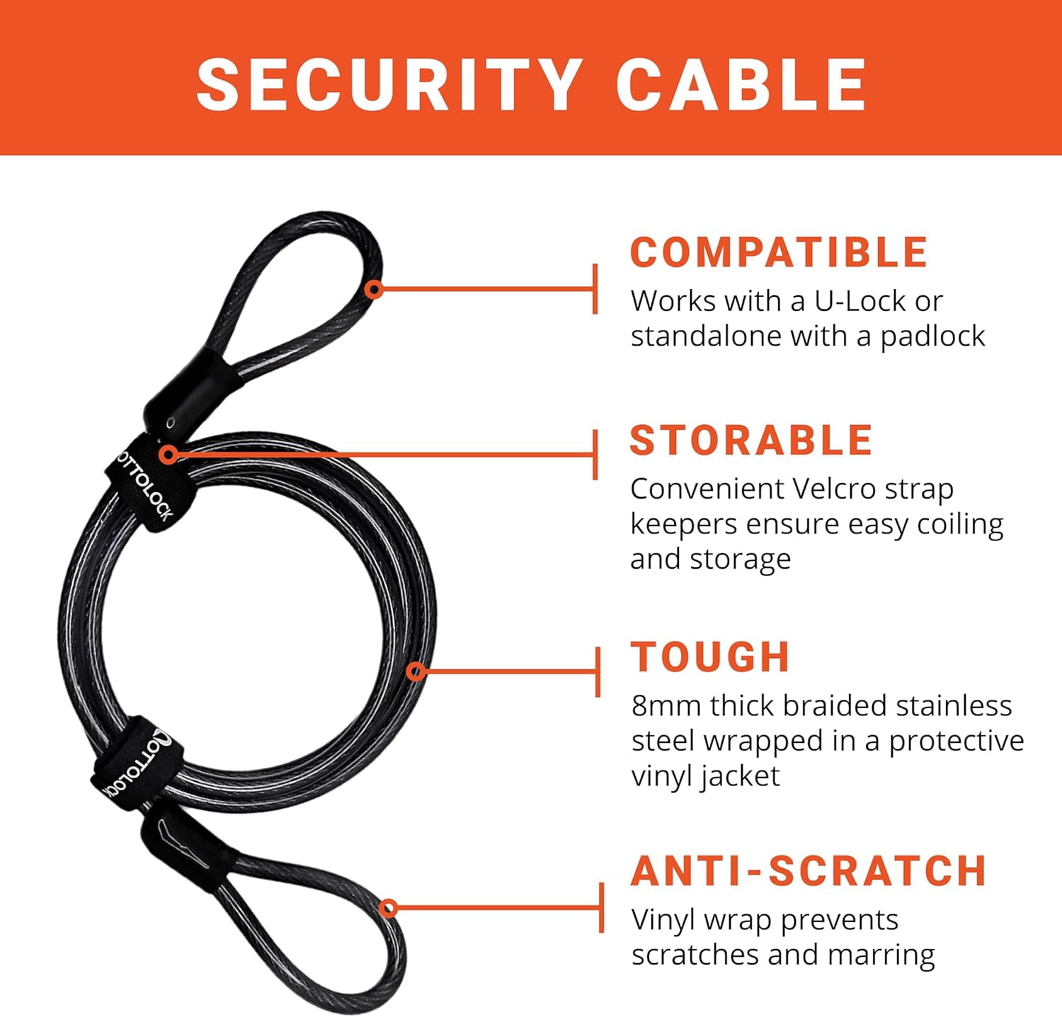 Compact U-Lock and Cable Bundle - Heavy Duty Anti Theft Bicycle U-Lock with Keys, Silicone-Coated, Bike Accessories, Orange