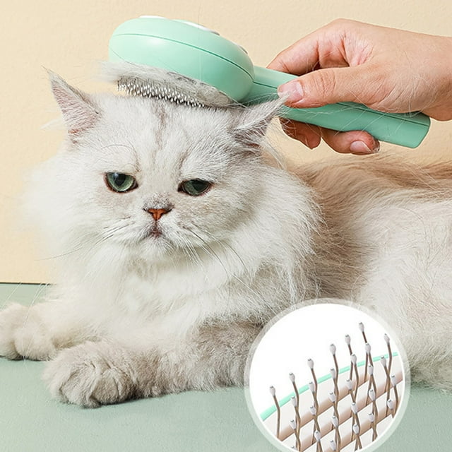 Pet Comb Flower Shaped Self Cleaning Brush | Stainless Steel Needle Grooming Tool | One Click Hair Removal | Ergonomic Handle | For Dogs & Cats | Green | 20x8.5x4.5cm