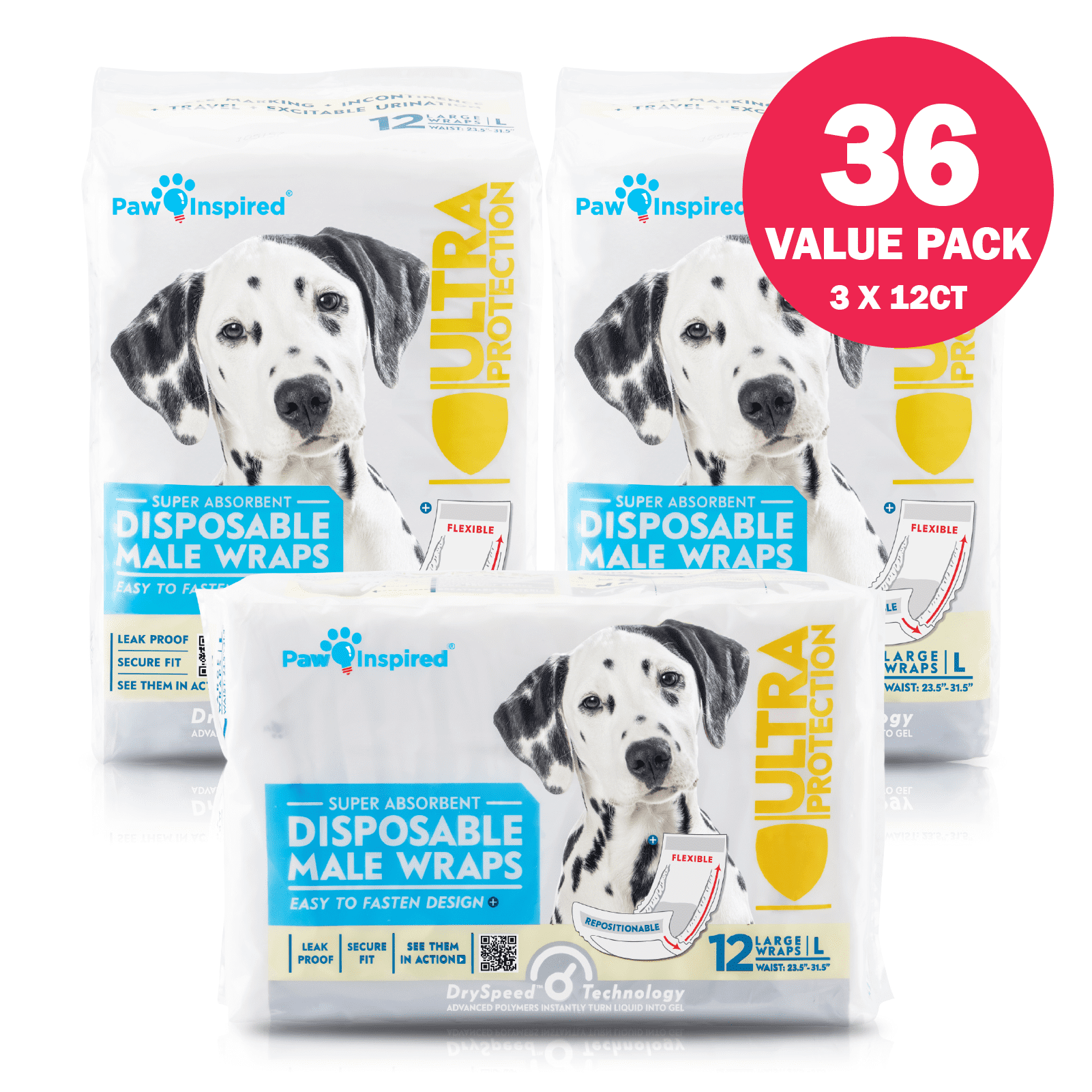 Paw Inspired 36ct Disposable Male Dog Wraps, Belly Band for Dogs