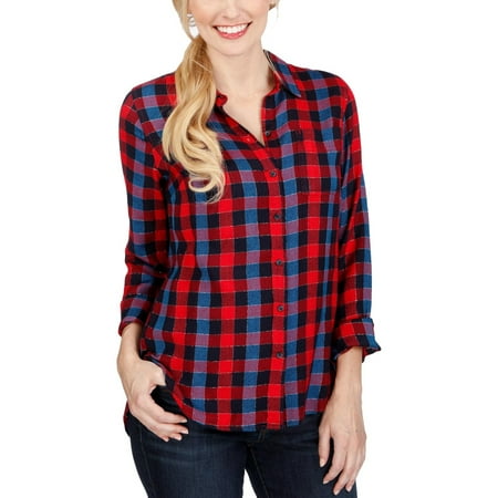 Lucky Brand Womens Button Dowon Plaid Casual Top