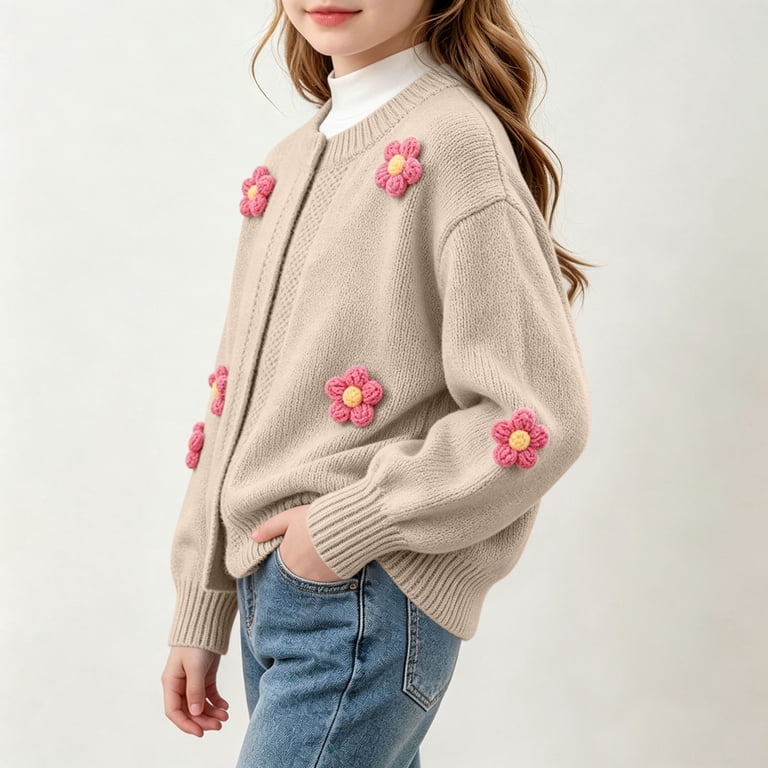 Mgmyaa Girls Knit Cardigan with 3D Flowers, Long Sleeve Button Down ...