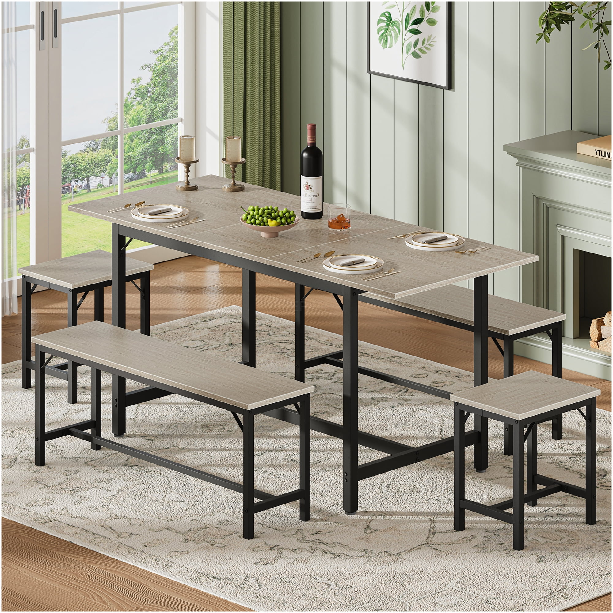 JERFIT Extendable Gray Dining Table Set 47.2 to 63 Inch Rectangular Table with 2 Benches and 2 Stools for 4 to 8 Diners