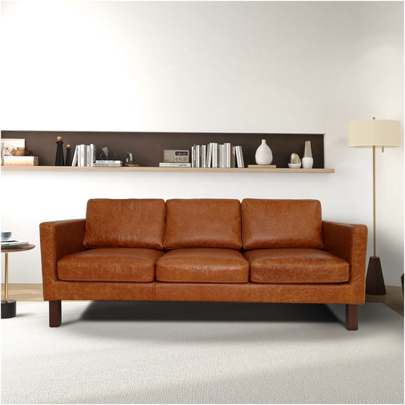 JERFIT Mid-Century Modern 3-Seater Genuine Leather Sofa in Cognac for Living Room