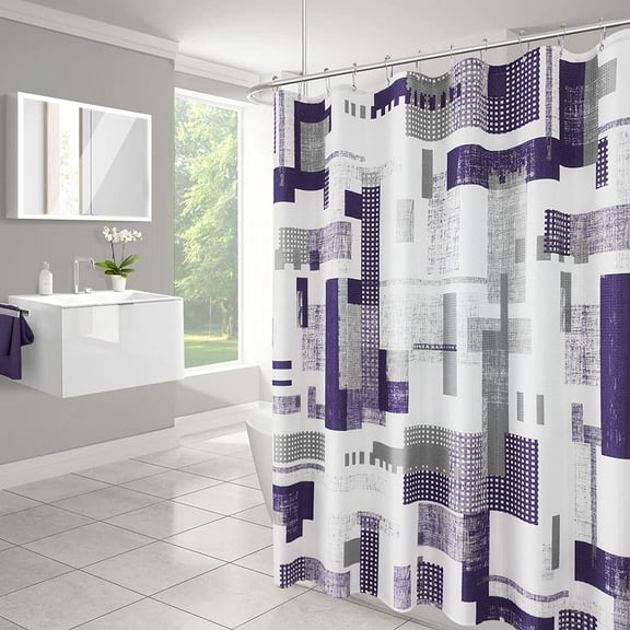 Shower Curtain Set Purple Shower Curtain White and Grey Shower Curtains for Bathroom Waterproof Polyster Modern Geometric Bathroom Curtain for Bathtub Hotel, Long Size 72x84 inch