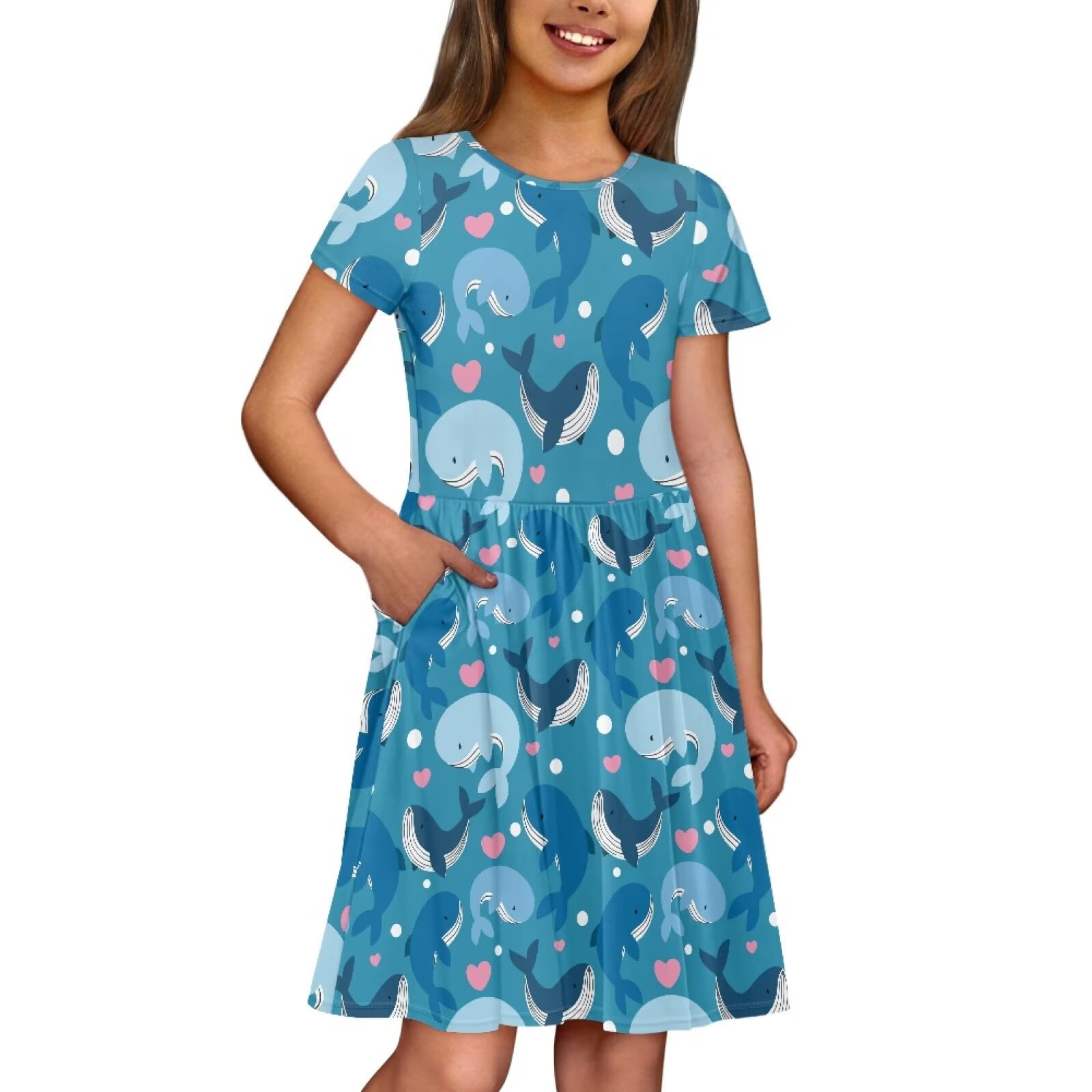 Uourmeti Whales Summer Dresses for Girls 2-14 Cute Short Sleeve Swing Dress Lightweight Soft Crewneck Knee Length A-Line Dresses with Pockets