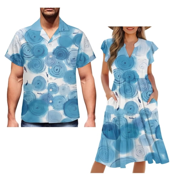 Garronmavis Blue Circle Couples Matching Outfits Husban and Wife Clothing Mens Short Sleeve Summer Beach Shirt Size 2XL and Womens Midi V-neck Flowy Hawaiian Dress