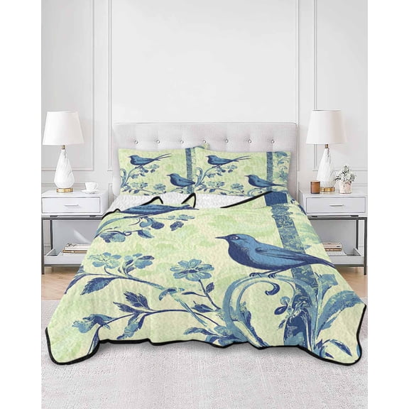 Quilts Twin XL Size, Blue Vintage Bird Soft Comforter Bedding Set for Bed, Retro Sage Green Summer Botanical Lightweight Quilted Bedspread with Pillow Cover(2 Pieces) for All Season, 68x98 Inch