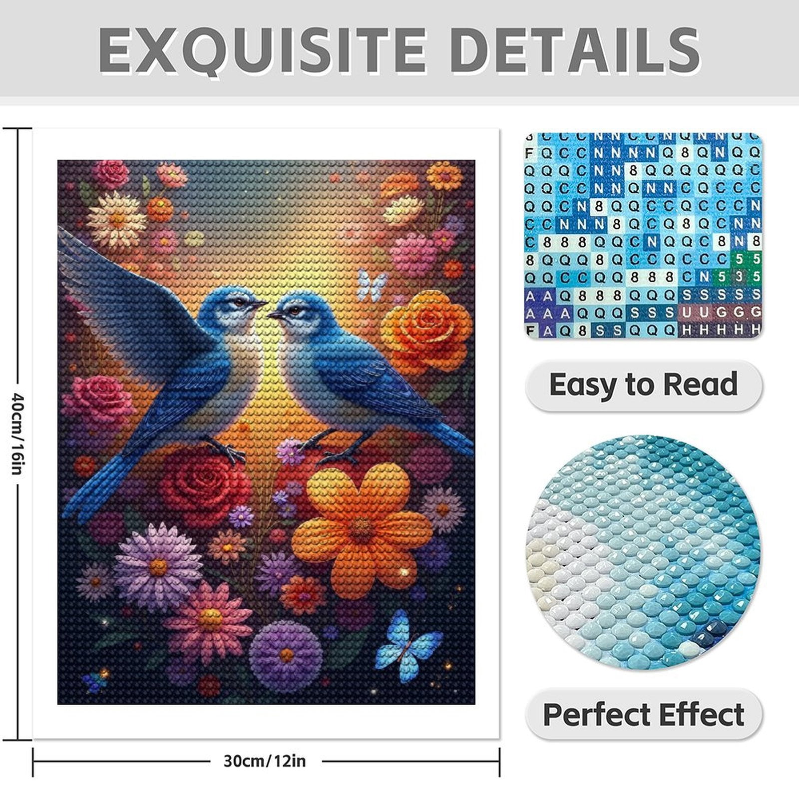 Diamond Art Kits for Adults - Cute Bluebird Flower Print No.68 5D Frameless Dimond Painting Kit for Adults Beginner, Round Diamond Kits for Home Wall Decor, Gift for Women