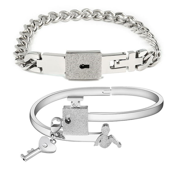 Couple Love Heart Lock Bangle Bracelet and for Key Pendant Bracelet for Annivers