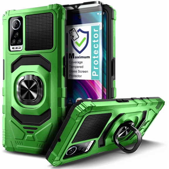 BLU G91 Max Case with Tempered Glass Screen Protector (Full Coverage), Nagebee Full-Body Protective [Military-Grade], Magnetic Car Mount Ring Holder, Heavy-Duty Durable Case (Green)