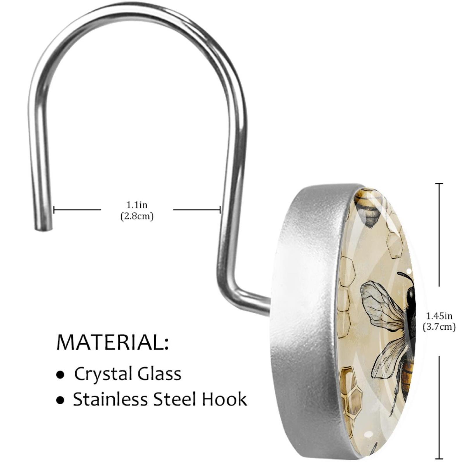 Honey Bees and Hives Shower Curtain Hooks Round Crystal Glass, Set of 12 Shower Curtain Rings - Shower Hooks for Curtain Shower Rings