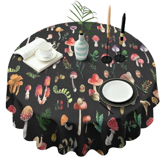 Red Mushroom Leaf Black Pattern Round Tablecloth 60"x60",Wrinkle Wipeable Table Cloth for Kitchen Dining Room Picnic Patio Party