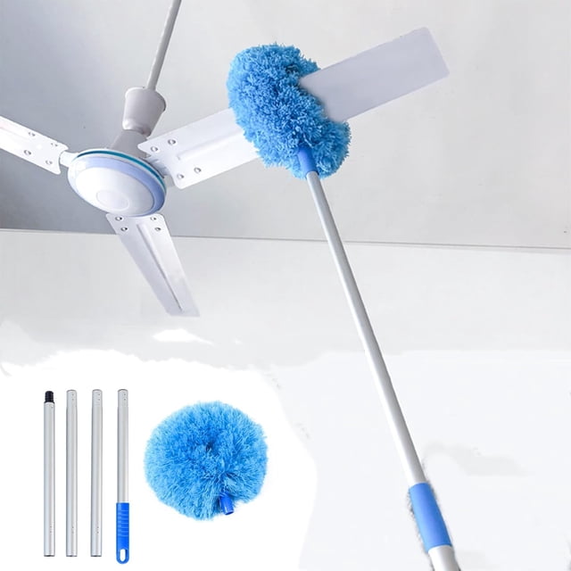 Mistaha Aluminum Alloy Circular Dusting Brush with Extendable Handle for Ceiling Fan, Electronics, Furniture Cleaning - Yellow/Blue, Lightweight Microfiber Head, 55.12in Length, Washable, Detachable,