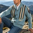 thumbnail image 4 of Nmnitkp Men's Fall Jackets Shawl Collar Button‑Front Knit Cardigan Jacket Western Geometric Striped Long Sleeve Sweater Coat Pockets Knit Outerwear for Casual Daily Wear Sky Blue,S, 4 of 6