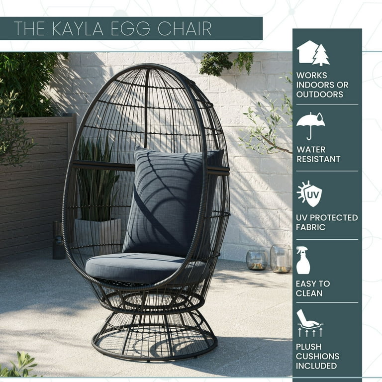 Mod Furniture Kayla Stationary Egg Chair with Stylish Rattan Wicker and Boho Plush Cushion KAYLAEGG GRY