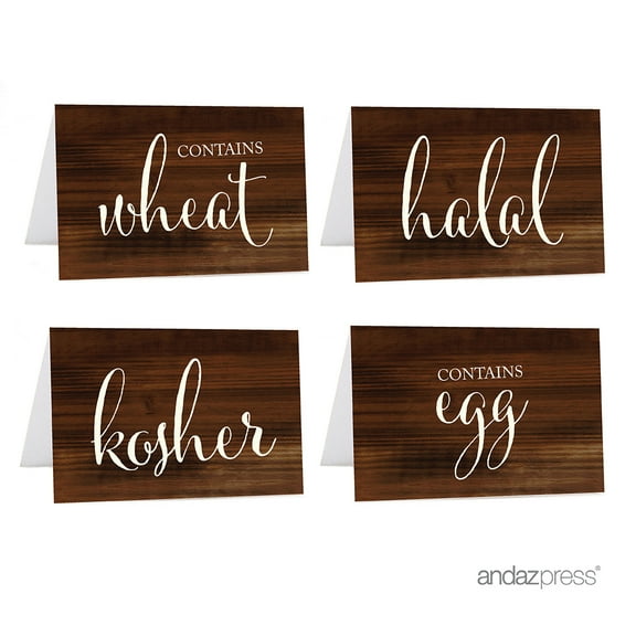 Kosher, Halal, Egg, Wheat Brown Food Station Buffet Menu Place Cards, Rustic Wood, 20-Pack