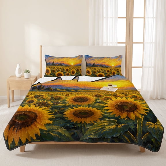 3 Pieces Queen Quilt Set,Watercolor Farm Sunflowers Soft Bedding Sets with 1 Quilt & 2 Pillow Shams,Country Sunset Summer Bedspread Lightweight Coverlet Comforter