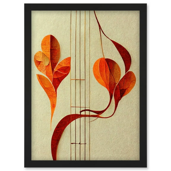 Modern Abstract Orange Autumn Leaf and Musical Notes Music Staff Lines Artwork Framed Wall Art Print A4