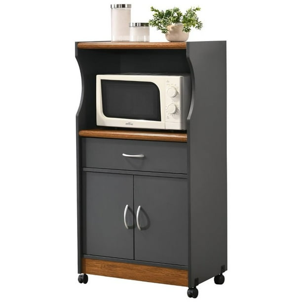 Pemberly Row Wood Microwave Kitchen Cart with Open Storage in Gray Oak