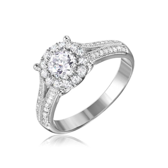 Rhodium Plated Sterling Silver 925 Halo Ring Encrusted Micro Pave White Cubic Zirconia Female Size 5