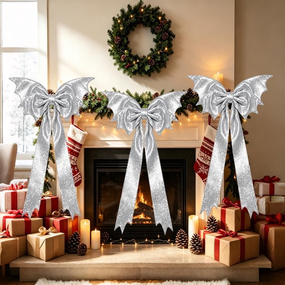 Extra Large Christmas Bow Decoration, Oversized Holiday Tree Topper for Porch, Window, Fireplace, Wedding Arch and Party Decor, Silver 45 inch