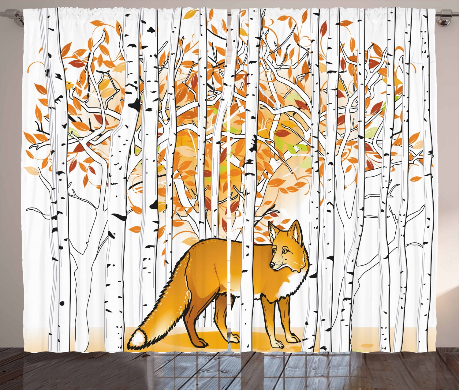 Hunting Decor Curtains 2 Panels Set, Fox Hunting in Autumn Forest Birch