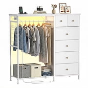 EDX 47.2" H Dresser for Bedroom with Hanging Rack, 6 Drawers Dresser with LED Lights & Charging Station, Fabric Dressers & Chest of Drawers with Rack, Wooden Top, Grid Panel,White